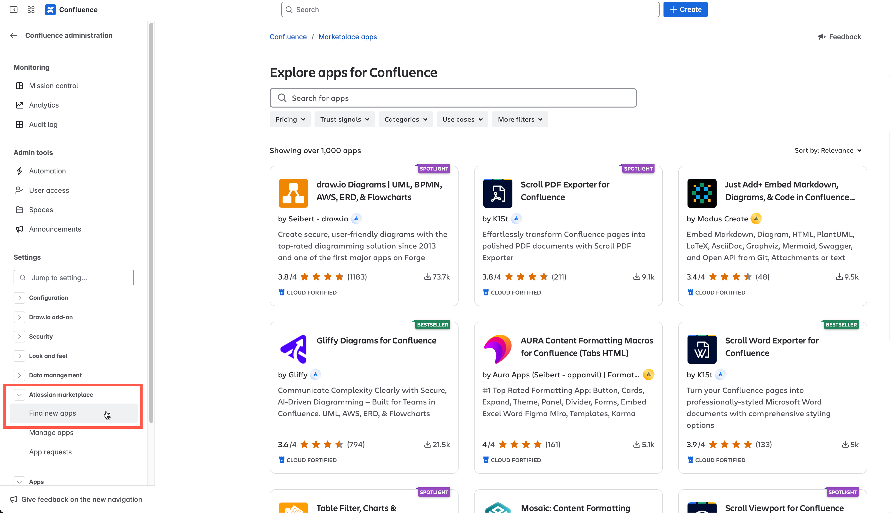 Find and install draw.io in your Confluence Cloud instance via Settings