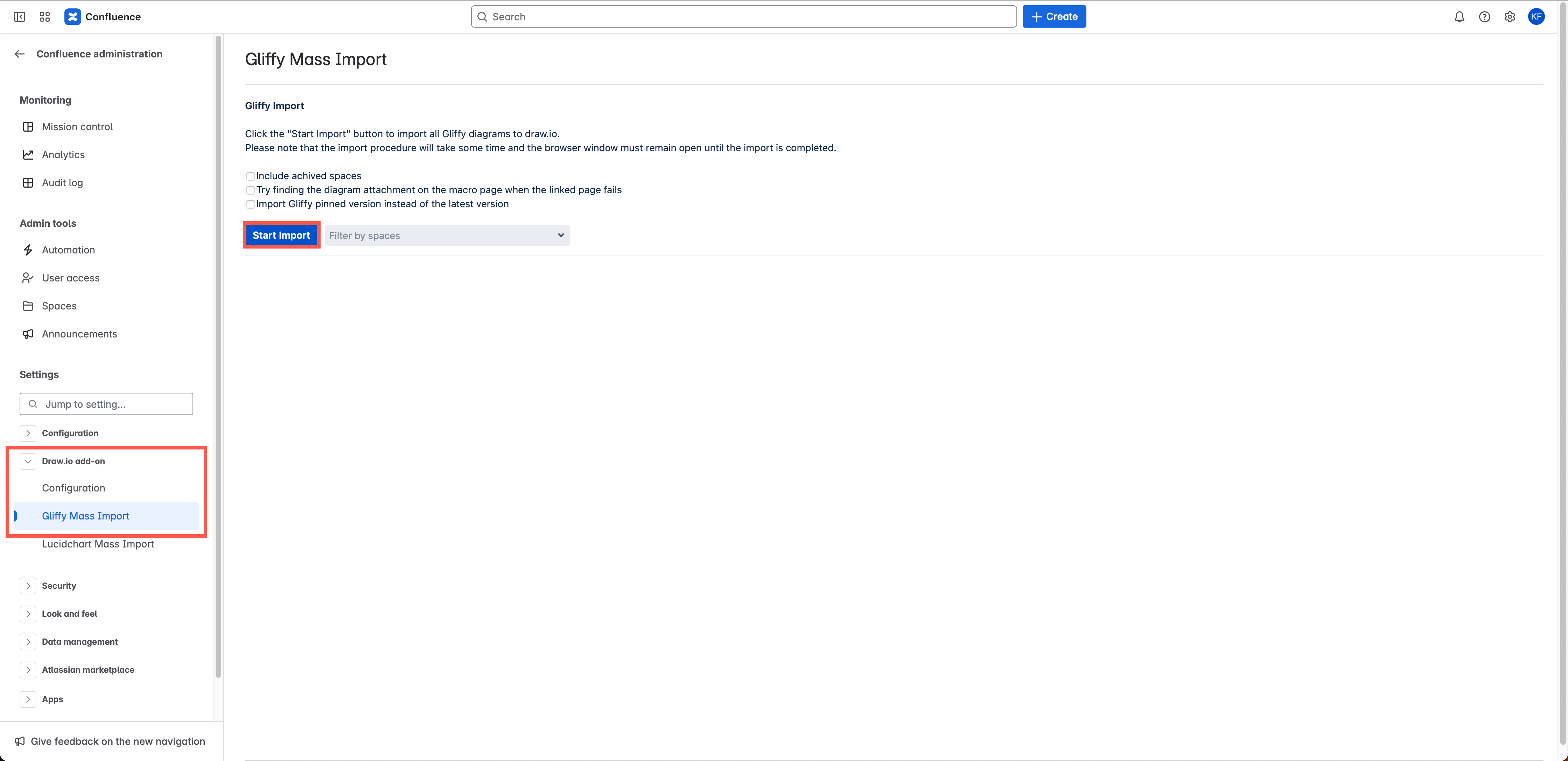 Start the Gliffy mass import to draw.io diagrams in Confluence Cloud