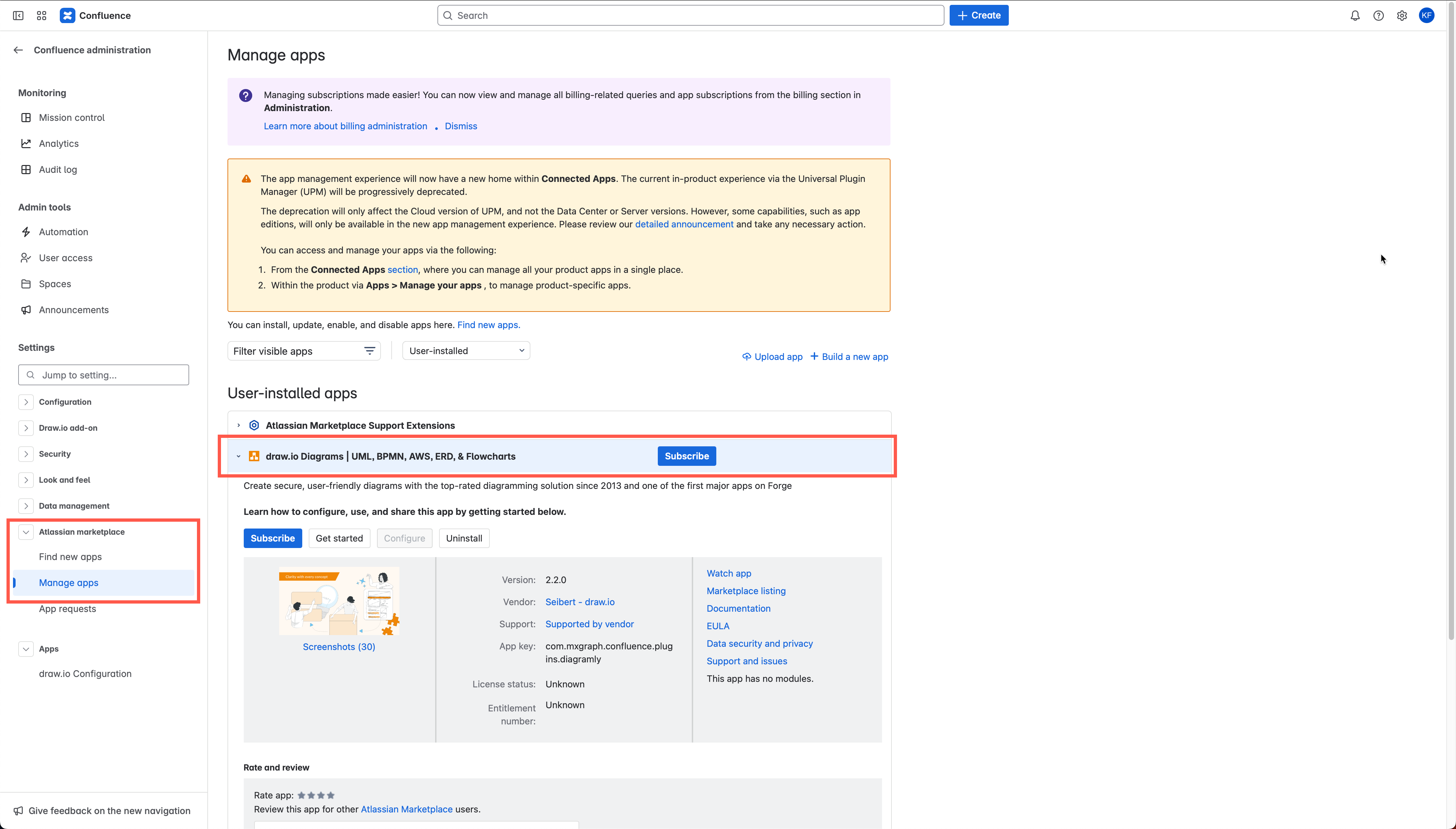 Manage the draw.io app in the Confluence Cloud Settings as an administrator