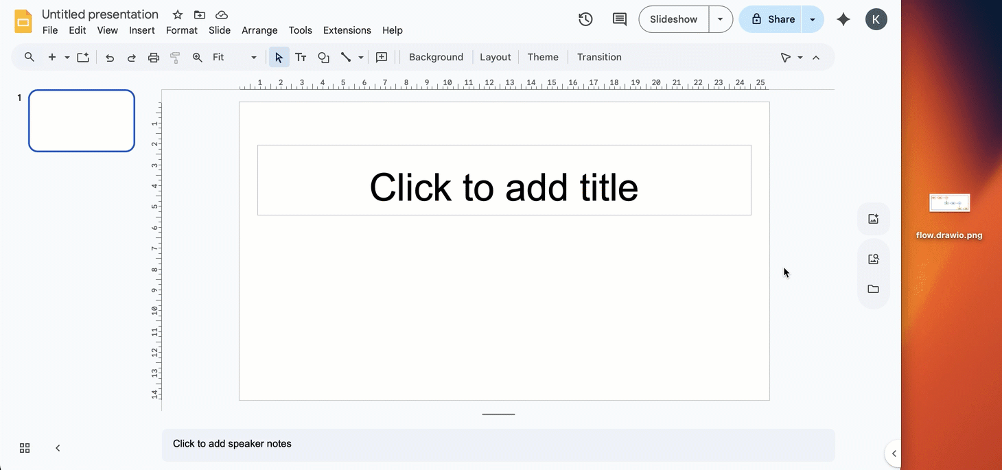 Export a draw.io diagram to a PNG image, then import it into your Google presentation slide