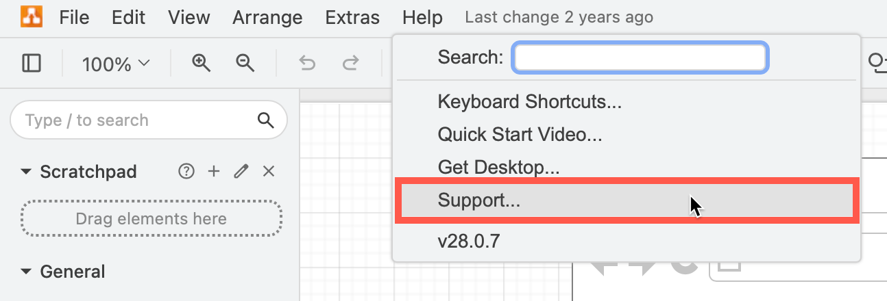 From within the draw.io diagram editor, click on Help > Support