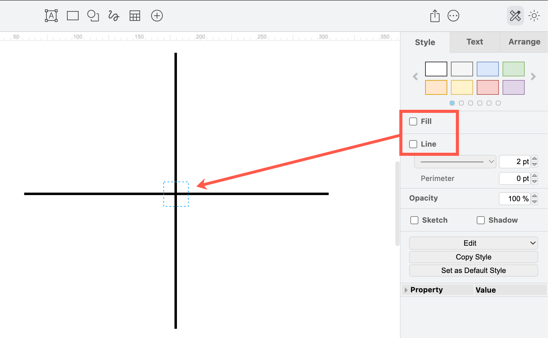 Draw the XY axis of a graph with the partial rectangle shape in draw.io