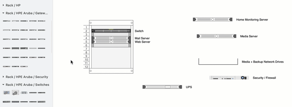 Drop rack elements into your diagram for neater home hub servers