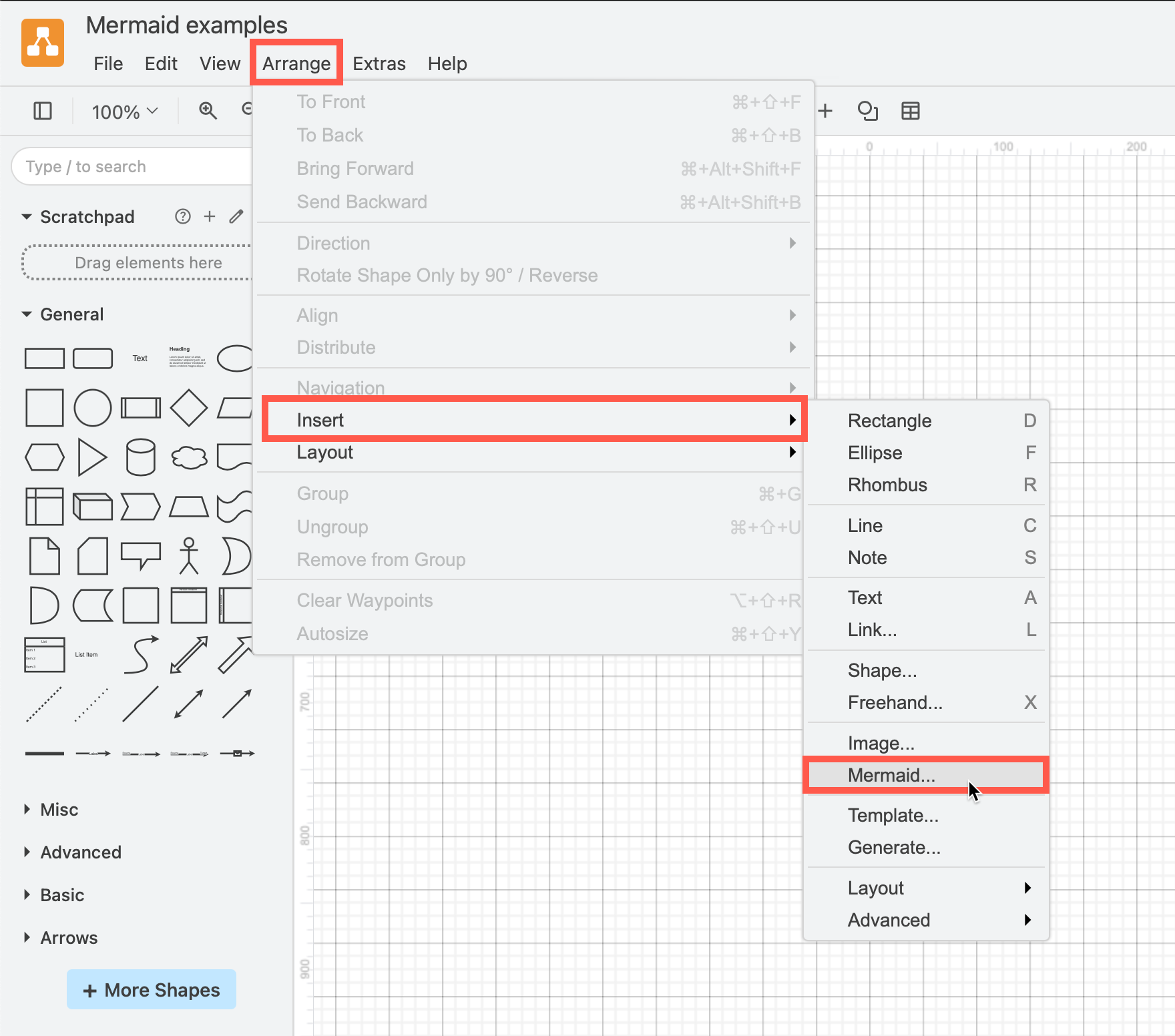 Click Arrange > Insert > Mermaid to create a diagram from Mermaid Markdown-inspired code