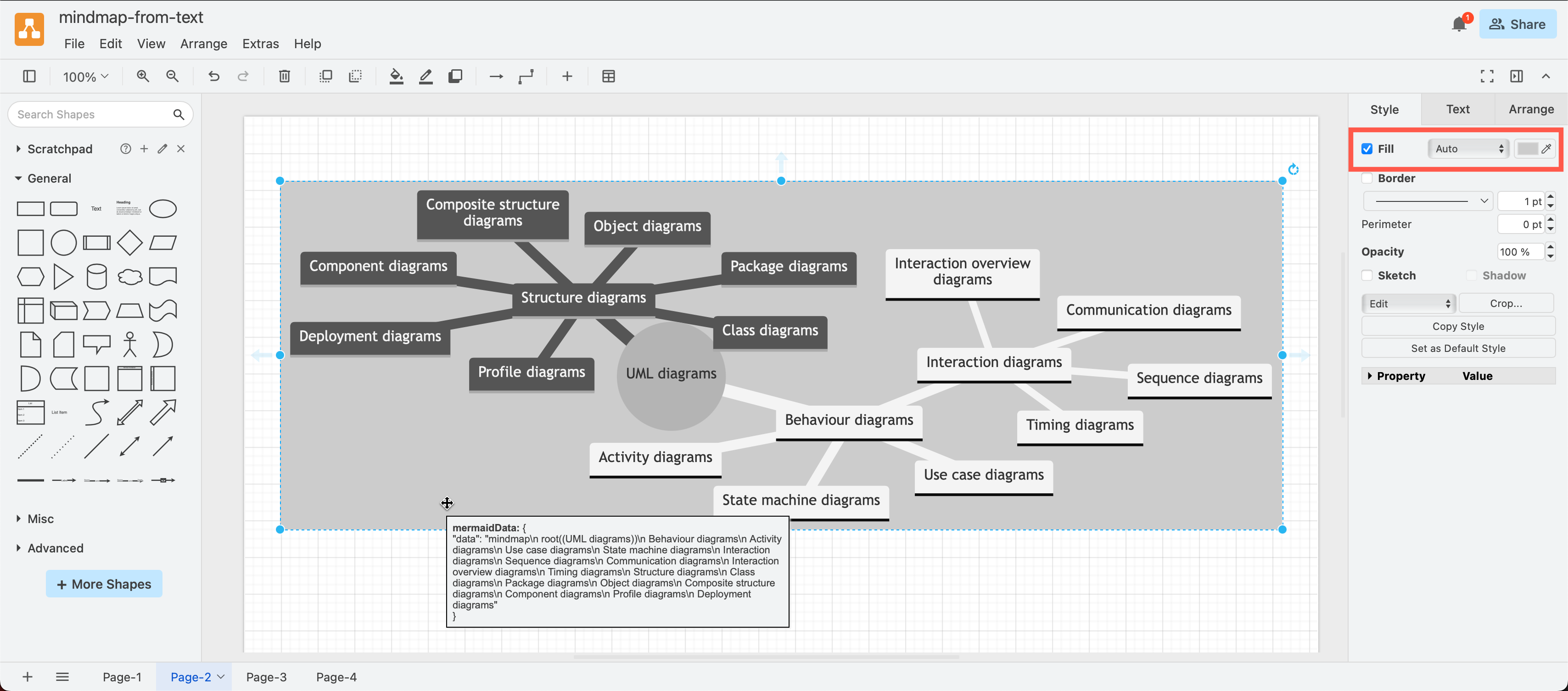 Generate a mindmap from text in draw.io by inserting Mermaid text via Arrange > Insert > Advanced > Mermaid