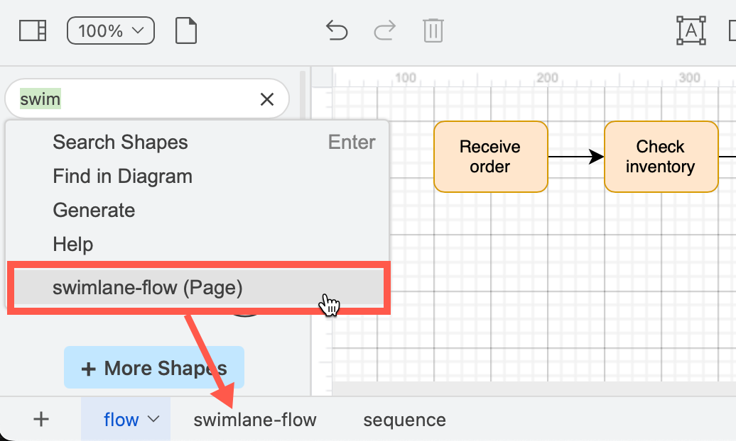 Search for the name of a draw.io diagram page and click on it to open that page in the editor