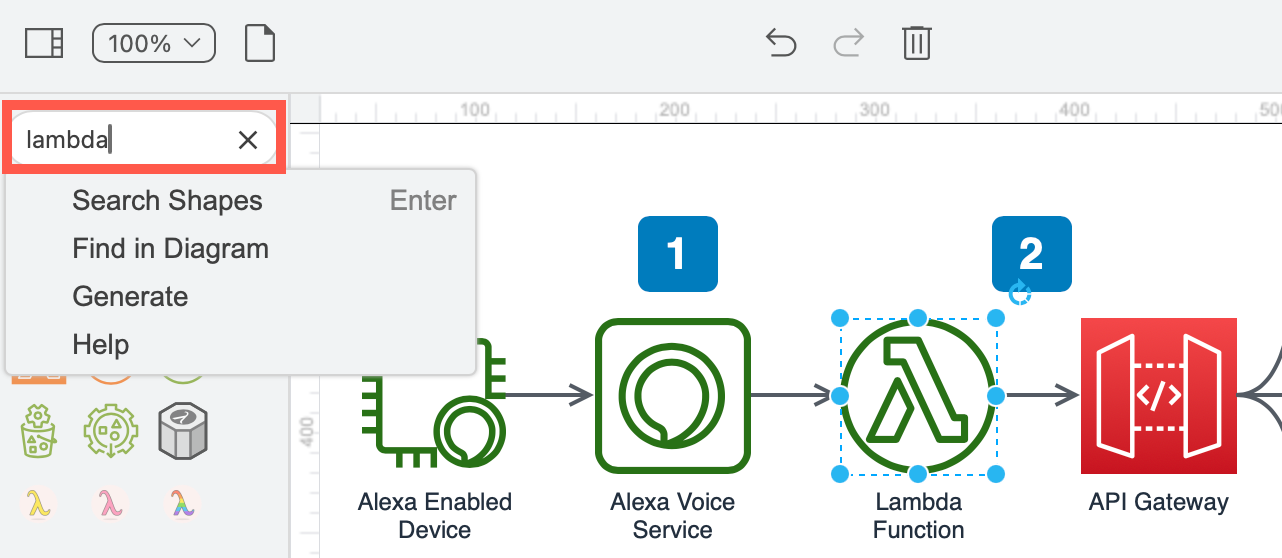 The draw.io search feature is now an omnibox providing quick access to options and diagram tools, as well as searching the shape libraries