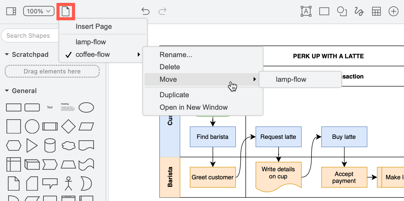 Work with multi-page diagrams via the Pages tool in the toolbar in simple mode in draw.io