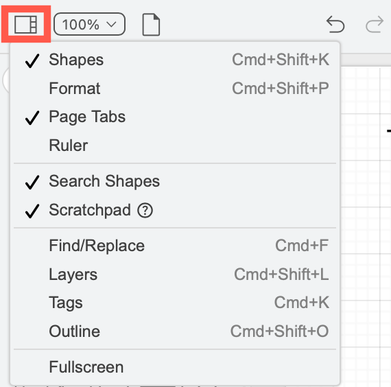 Hide or display panels and floating dialogs via the View tool on the toolbar in simple mode in draw.io