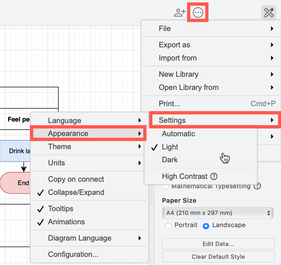 Switch between dark and light modes via the draw.io menu under Settings > Appearance