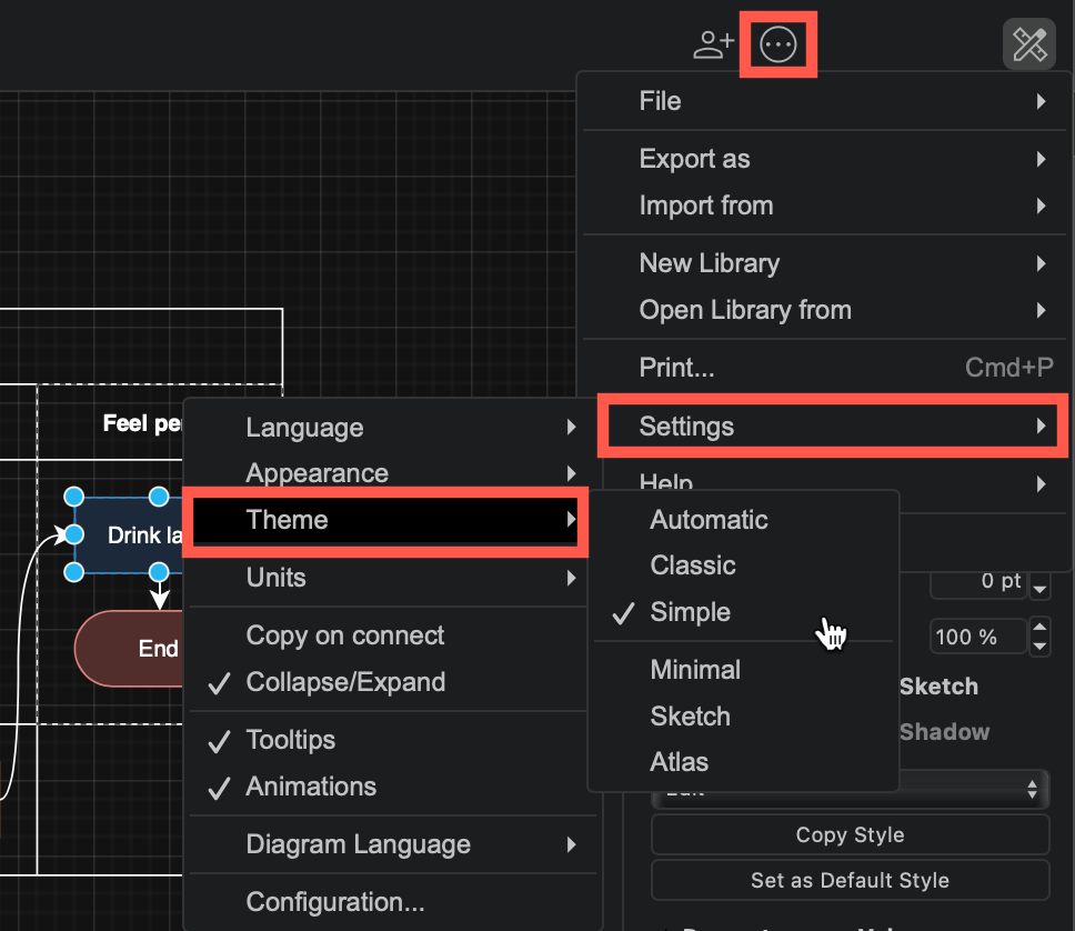 Change the editor theme via the draw.io menu - Settings > Theme