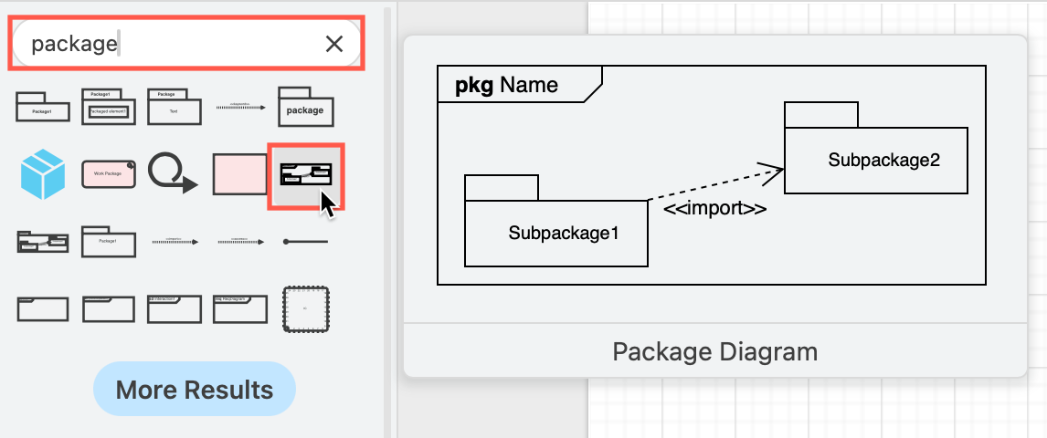 Search for package shapes to quickly draw a package diagram in draw.io without enabling shape libraries