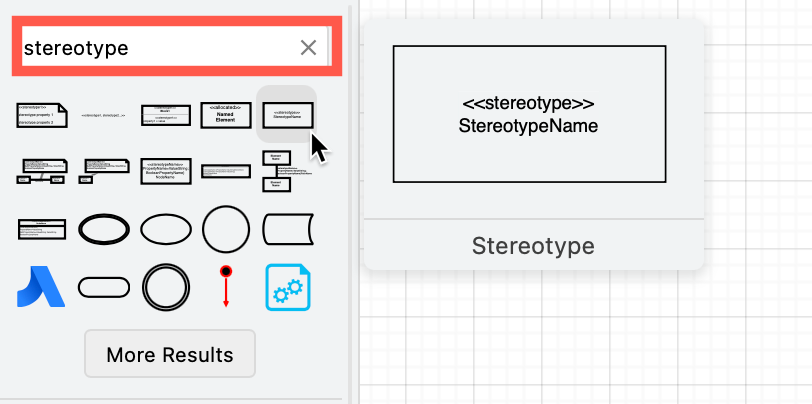 Search for shapes to quickly find stereotypes, profiles and metaclasses in draw.io